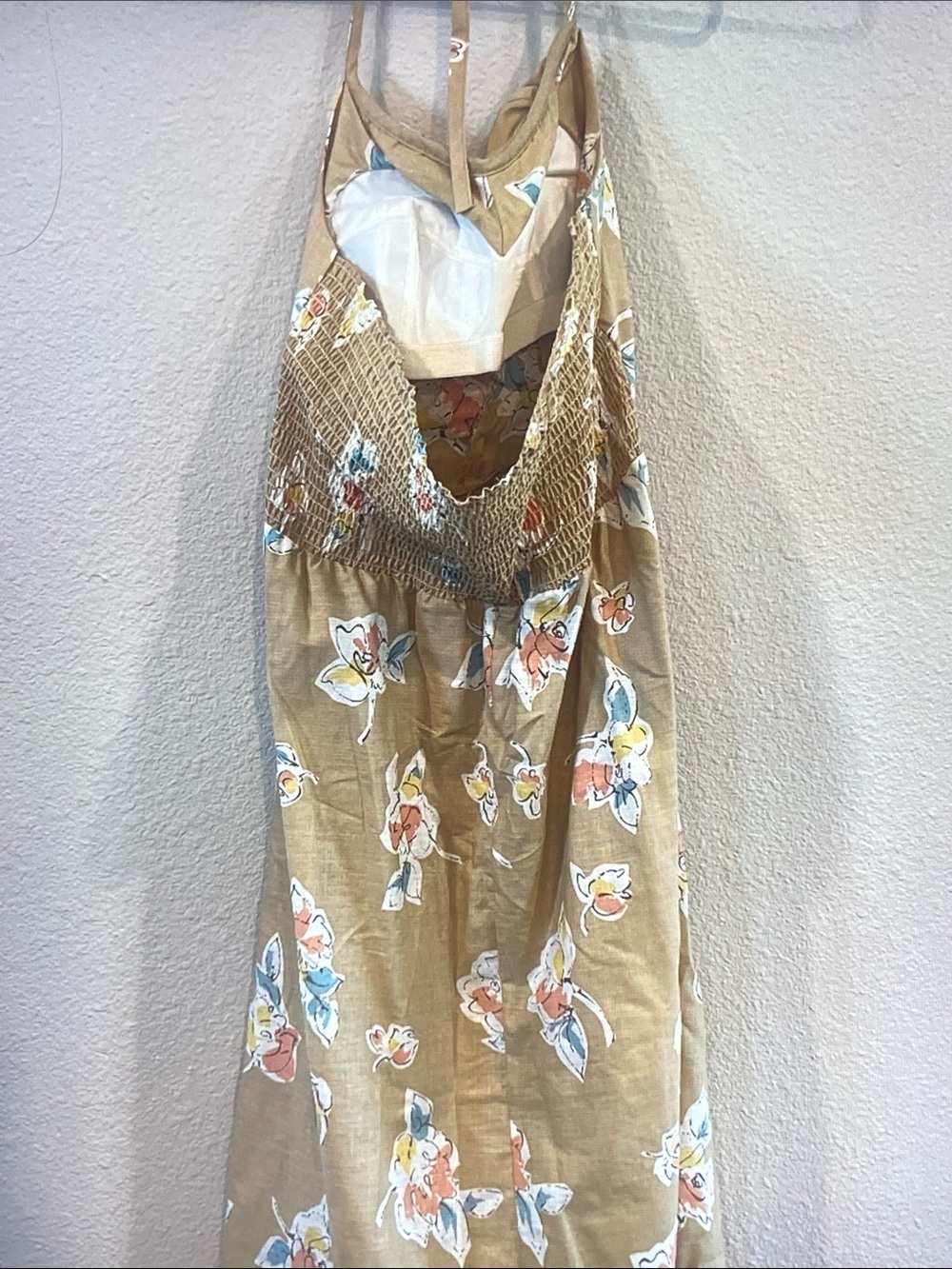 Vintage Floral Tie-Back Midi Dress in Tan, Blue & Coral - Picture 4 of 6
